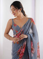 Vegaa Fashion Grey Georgette Silk Printed Moti Work Border Designer Saree | Grocsy
