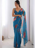 Vegaa Fashion Sky Blue Georgette Silk Printed Moti Work Border Designer Saree | Grocsy