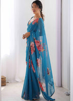 Vegaa Fashion Sky Blue Georgette Silk Printed Moti Work Border Designer Saree | Grocsy