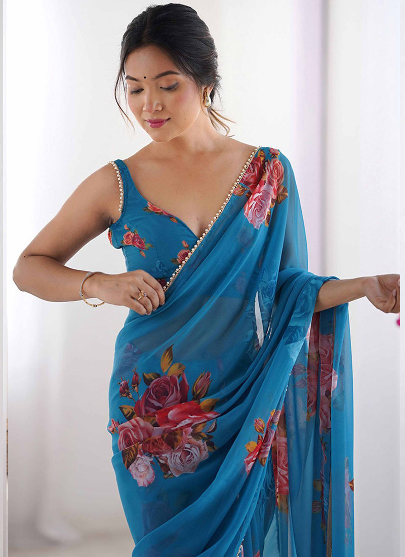 Vegaa Fashion Sky Blue Georgette Silk Printed Moti Work Border Designer Saree | Grocsy