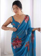 Vegaa Fashion Sky Blue Georgette Silk Printed Moti Work Border Designer Saree | Grocsy