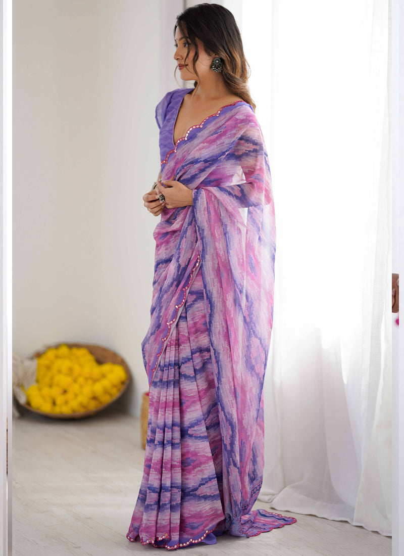 Vegaa Fashion Lavender Georgette Printed Mirror Work Border Designer Saree | Grocsy