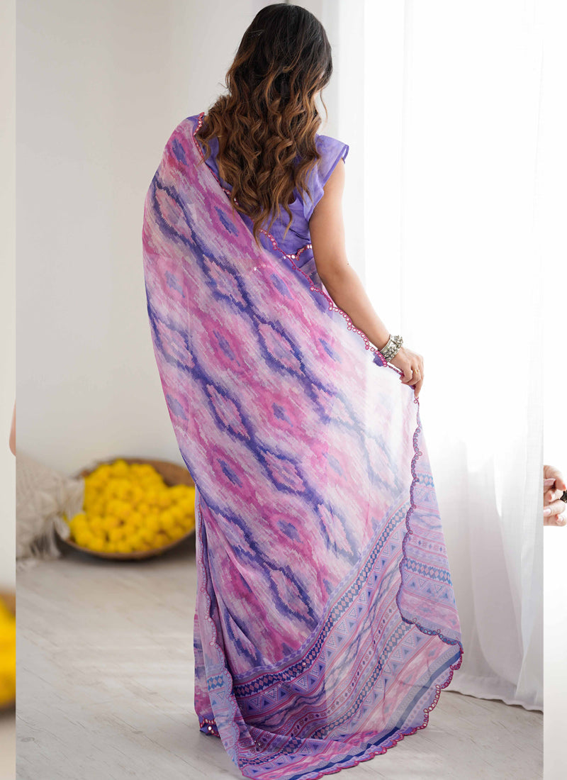 Vegaa Fashion Lavender Georgette Printed Mirror Work Border Designer Saree | Grocsy