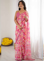 Vegaa Fashion Pink Georgette Printed Mirror Work Border Designer Saree | Grocsy