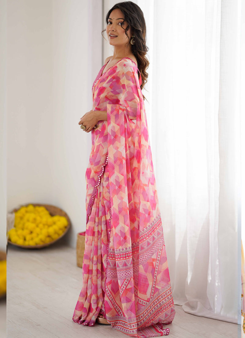 Vegaa Fashion Pink Georgette Printed Mirror Work Border Designer Saree | Grocsy