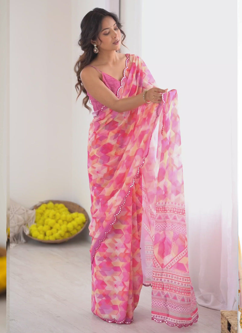 Vegaa Fashion Pink Georgette Printed Mirror Work Border Designer Saree | Grocsy