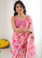 Vegaa Fashion Pink Georgette Printed Mirror Work Border Designer Saree | Grocsy
