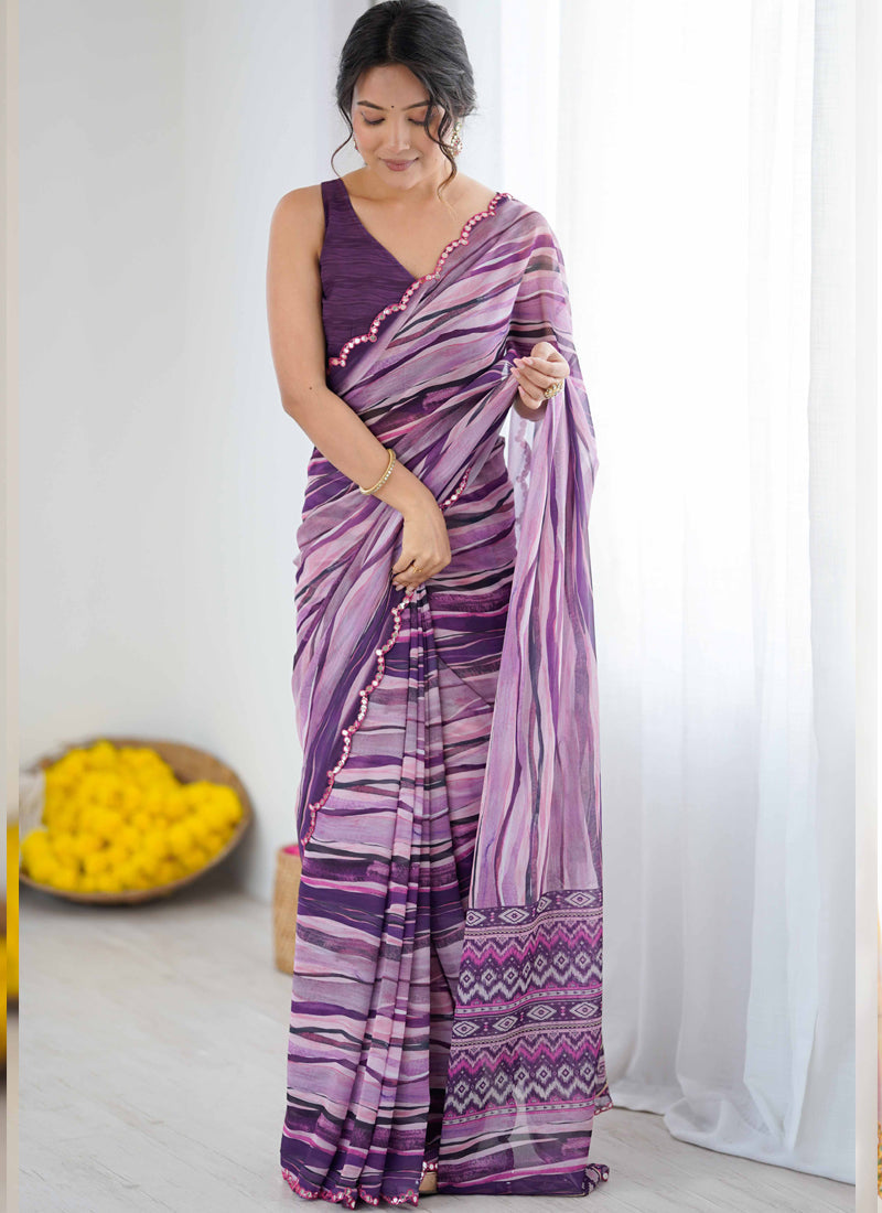 Vegaa Fashion Purple Georgette Printed Mirror Work Border Designer Saree | Grocsy