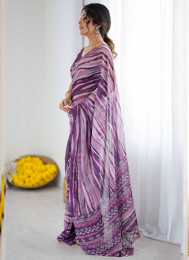 Vegaa Fashion Purple Georgette Printed Mirror Work Border Designer Saree | Grocsy