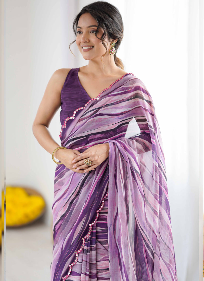Vegaa Fashion Purple Georgette Printed Mirror Work Border Designer Saree | Grocsy