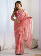 Vegaa Fashion Peach Organza Thread Work Color Tone Fabric Party Wear Saree | Grocsy