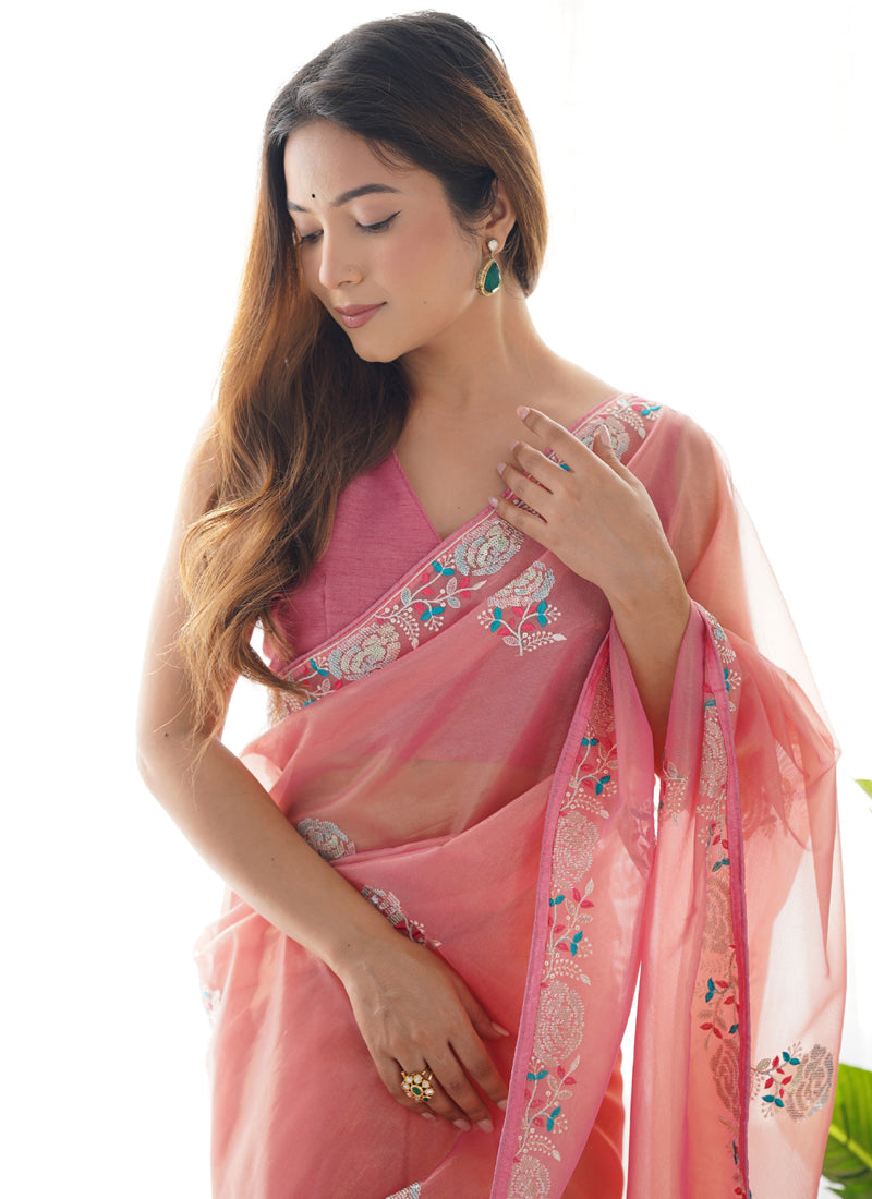 Vegaa Fashion Peach Organza Thread Work Color Tone Fabric Party Wear Saree | Grocsy