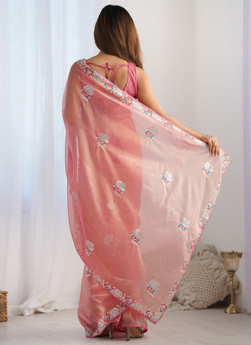 Vegaa Fashion Peach Organza Thread Work Color Tone Fabric Party Wear Saree | Grocsy