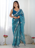 Vegaa Fashion Rama Organza Thread Work Color Tone Fabric Party Wear Saree | Grocsy