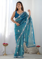 Vegaa Fashion Rama Organza Thread Work Color Tone Fabric Party Wear Saree | Grocsy