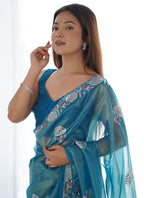 Vegaa Fashion Rama Organza Thread Work Color Tone Fabric Party Wear Saree | Grocsy