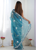 Vegaa Fashion Rama Organza Thread Work Color Tone Fabric Party Wear Saree | Grocsy