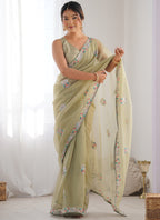 Vegaa Fashion Olive Green Organza Thread Work Color Tone Fabric Party Wear Saree | Grocsy