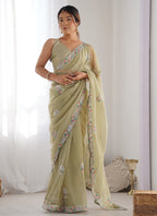 Vegaa Fashion Olive Green Organza Thread Work Color Tone Fabric Party Wear Saree | Grocsy