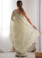 Vegaa Fashion Olive Green Organza Thread Work Color Tone Fabric Party Wear Saree | Grocsy