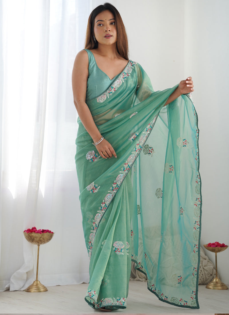 Vegaa Fashion Turquoise Organza Thread Work Color Tone Fabric Party Wear Saree | Grocsy