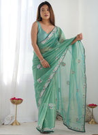 Vegaa Fashion Turquoise Organza Thread Work Color Tone Fabric Party Wear Saree | Grocsy