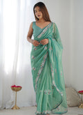 Vegaa Fashion Turquoise Organza Thread Work Color Tone Fabric Party Wear Saree | Grocsy