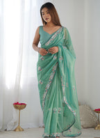 Vegaa Fashion Turquoise Organza Thread Work Color Tone Fabric Party Wear Saree | Grocsy