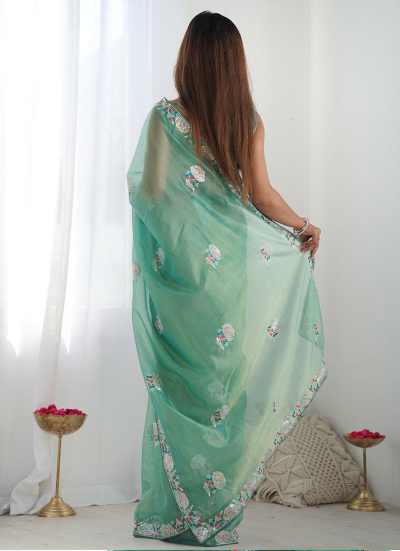 Vegaa Fashion Turquoise Organza Thread Work Color Tone Fabric Party Wear Saree | Grocsy
