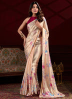 Vegaa Fashion Cream Satin Silk Digital Printed Pearl Lace Border Work Saree | Grocsy