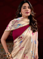 Vegaa Fashion Cream Satin Silk Digital Printed Pearl Lace Border Work Saree | Grocsy