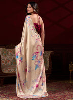 Vegaa Fashion Cream Satin Silk Digital Printed Pearl Lace Border Work Saree | Grocsy