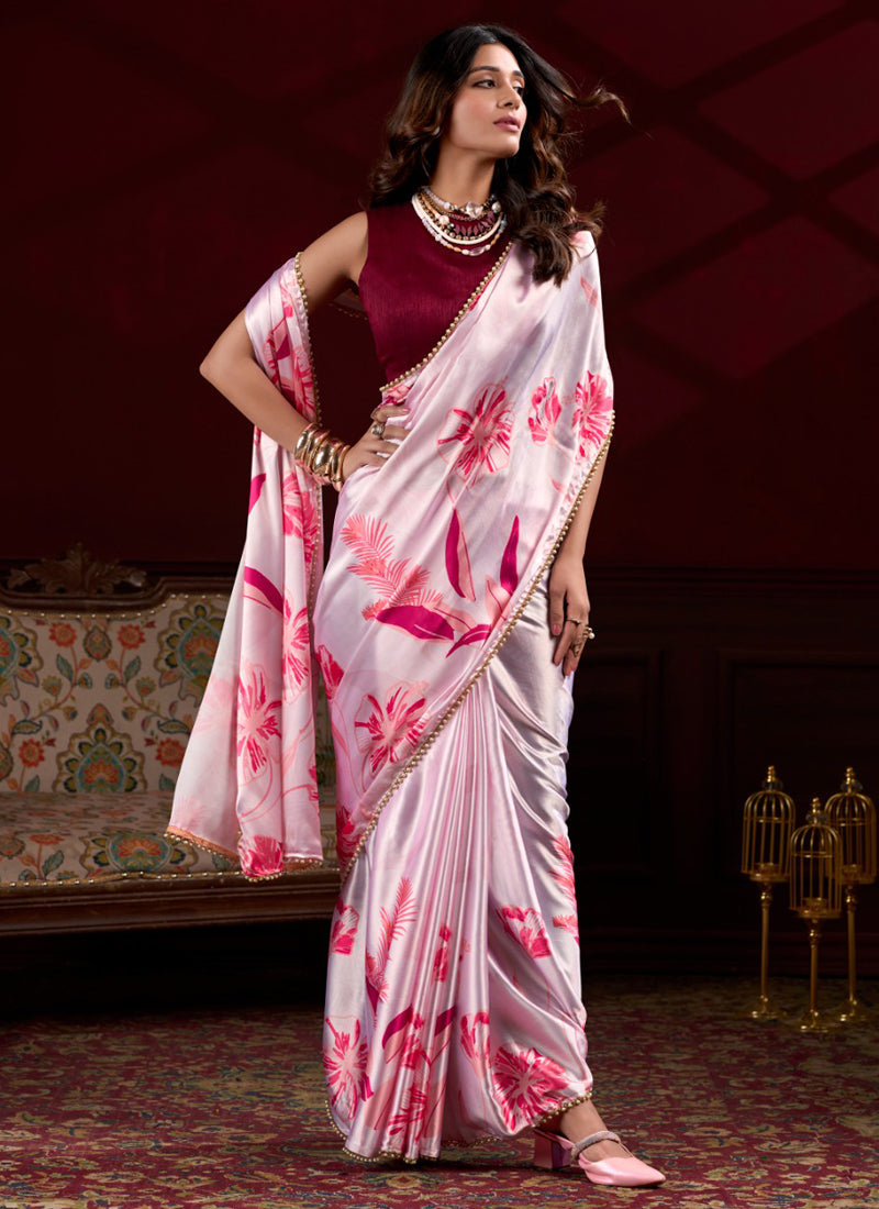 Vegaa Fashion Light Pink Satin Silk Digital Printed Pearl Lace Border Work Saree | Grocsy