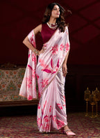 Vegaa Fashion Light Pink Satin Silk Digital Printed Pearl Lace Border Work Saree | Grocsy