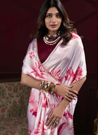 Vegaa Fashion Light Pink Satin Silk Digital Printed Pearl Lace Border Work Saree | Grocsy