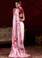 Vegaa Fashion Light Pink Satin Silk Digital Printed Pearl Lace Border Work Saree | Grocsy