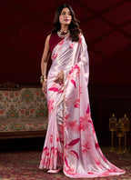 Vegaa Fashion Light Pink Satin Silk Digital Printed Pearl Lace Border Work Saree | Grocsy