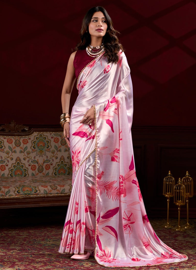 Vegaa Fashion Light Pink Satin Silk Digital Printed Pearl Lace Border Work Saree | Grocsy