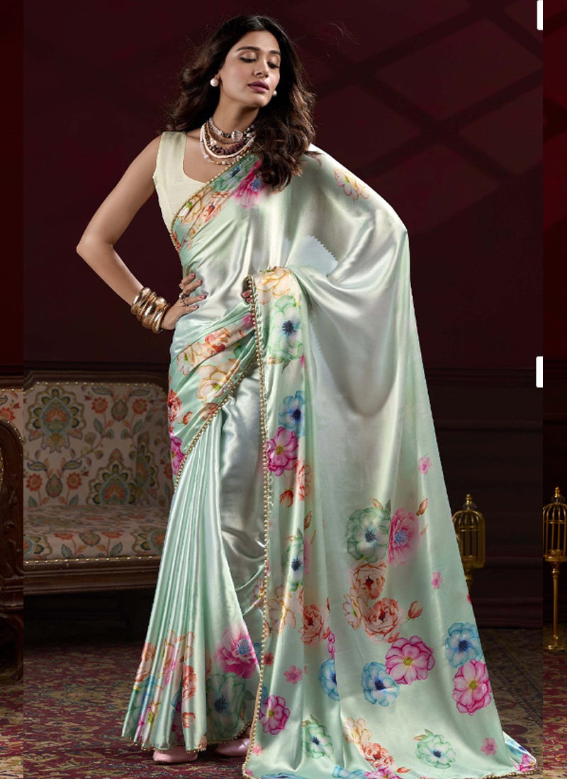 Vegaa Fashion Light Green Satin Silk Digital Printed Pearl Lace Border Work Saree | Grocsy