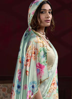 Vegaa Fashion Light Green Satin Silk Digital Printed Pearl Lace Border Work Saree | Grocsy