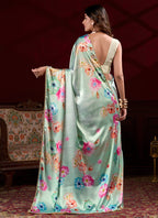 Vegaa Fashion Light Green Satin Silk Digital Printed Pearl Lace Border Work Saree | Grocsy