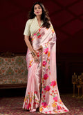Vegaa Fashion Baby Pink Satin Silk Digital Printed Pearl Lace Border Work Saree | Grocsy