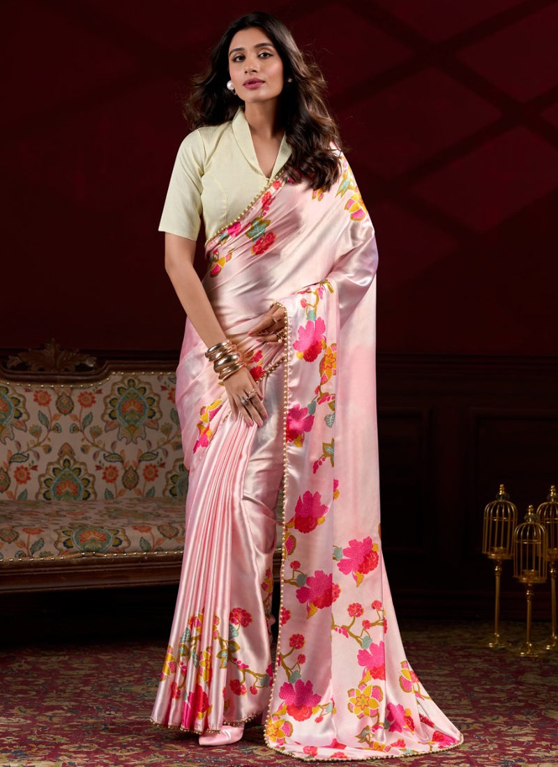 Vegaa Fashion Baby Pink Satin Silk Digital Printed Pearl Lace Border Work Saree | Grocsy