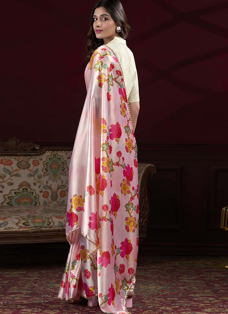Vegaa Fashion Baby Pink Satin Silk Digital Printed Pearl Lace Border Work Saree | Grocsy