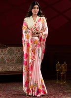 Vegaa Fashion Baby Pink Satin Silk Digital Printed Pearl Lace Border Work Saree | Grocsy