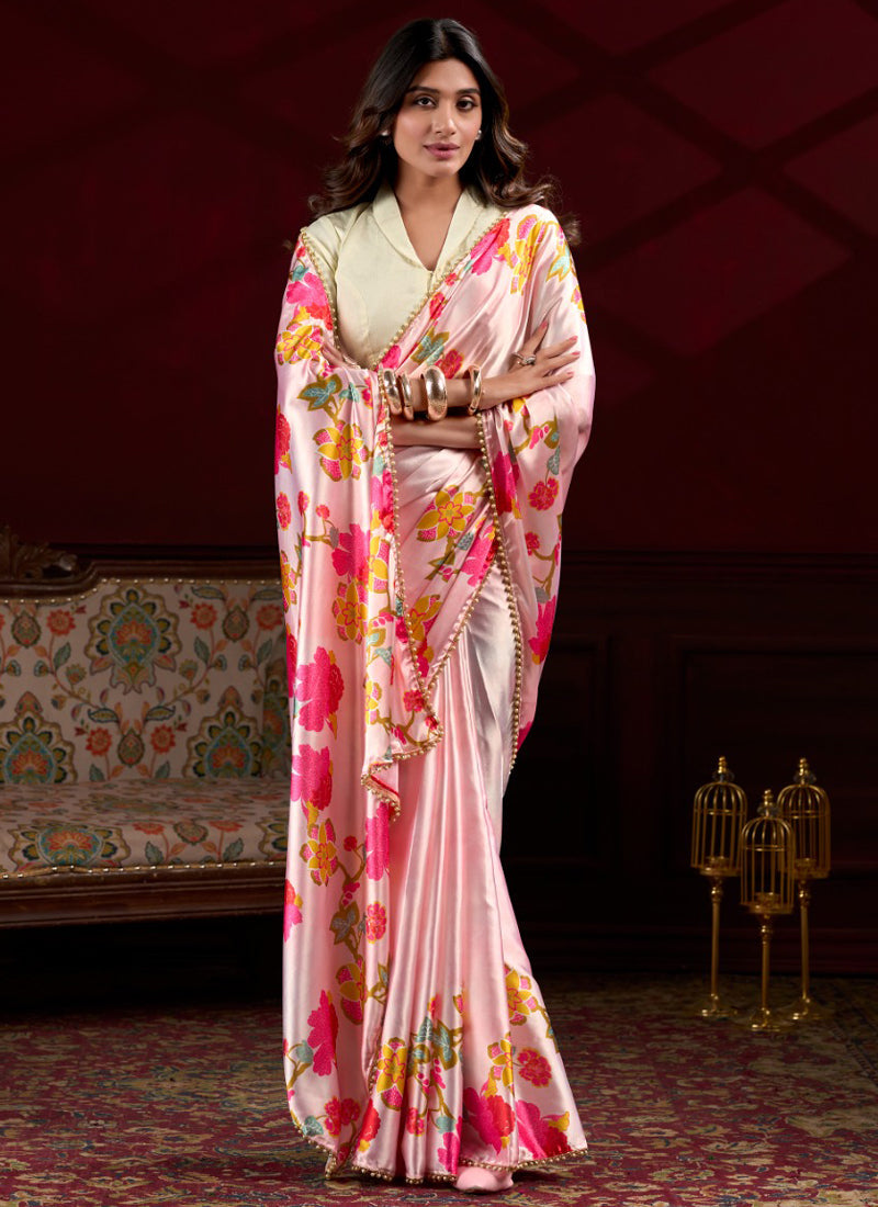 Vegaa Fashion Baby Pink Satin Silk Digital Printed Pearl Lace Border Work Saree | Grocsy