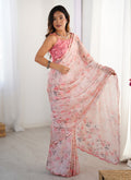 Vegaa Fashion Baby Pink Chinon Silk Print Work With Mirror Work Border Designer Saree | Grocsy