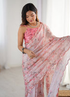 Vegaa Fashion Baby Pink Chinon Silk Print Work With Mirror Work Border Designer Saree | Grocsy