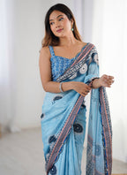 Vegaa Fashion Sky Blue Chinon Silk Print Work With Mirror Work Border Designer Saree | Grocsy