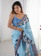 Vegaa Fashion Sky Blue Chinon Silk Print Work With Mirror Work Border Designer Saree | Grocsy